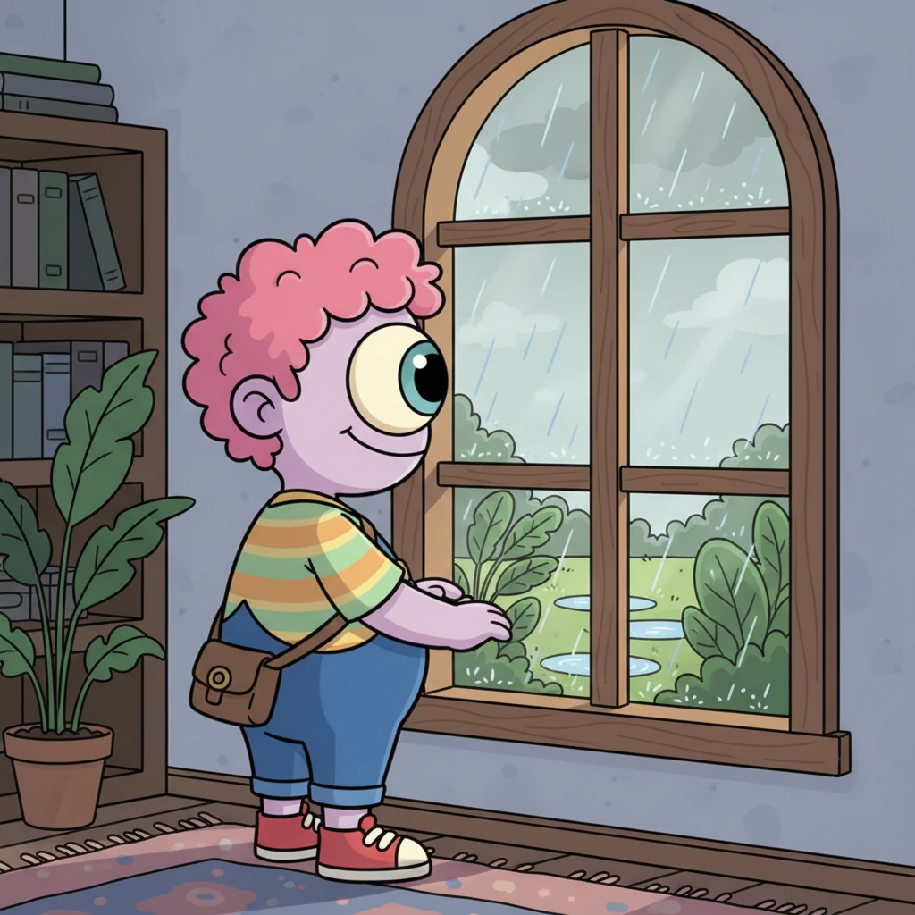 Looking out a tall window, Cyclos watched as soft raindrops began to fall from the sky. They pattered gently on the ground, creating puddles and nourishing the plants below. He felt a sense of calm watching the steady descent of the water.