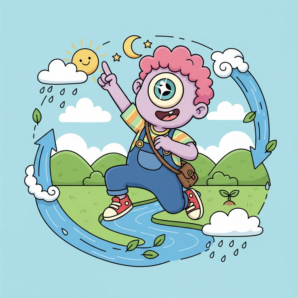 'Aha!' Cyclos exclaimed, his single eye sparkling with understanding. 'I'm not just a wheel, I'm a Cycle!' He realized he was the very essence of how nature renews itself, ensuring water, air, and life itself always had a fresh start. He felt complete.
