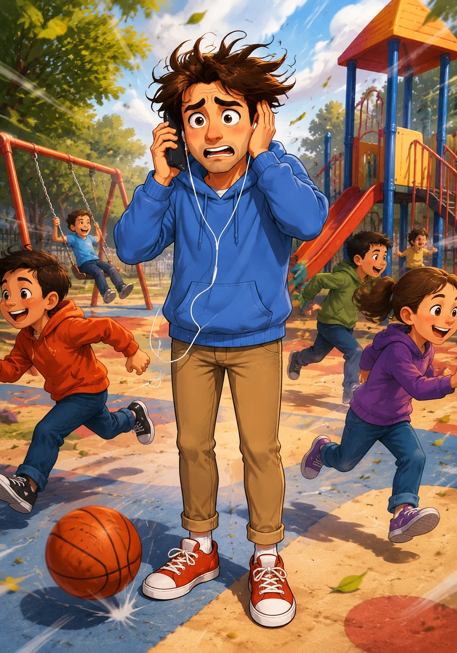 Leo stands in the middle of a bustling, vibrant playground, desperately clutching his buzzing smartphone to his ear. The wind howls in comic-book style sound waves, whipping his hair into a frenzy while screaming children sprint past him and a stray basketball bounces dangerously close to his feet. His face is a mask of pure anxiety as he covers his open ear, trying to catch a single word over the deafening outdoor commotion.