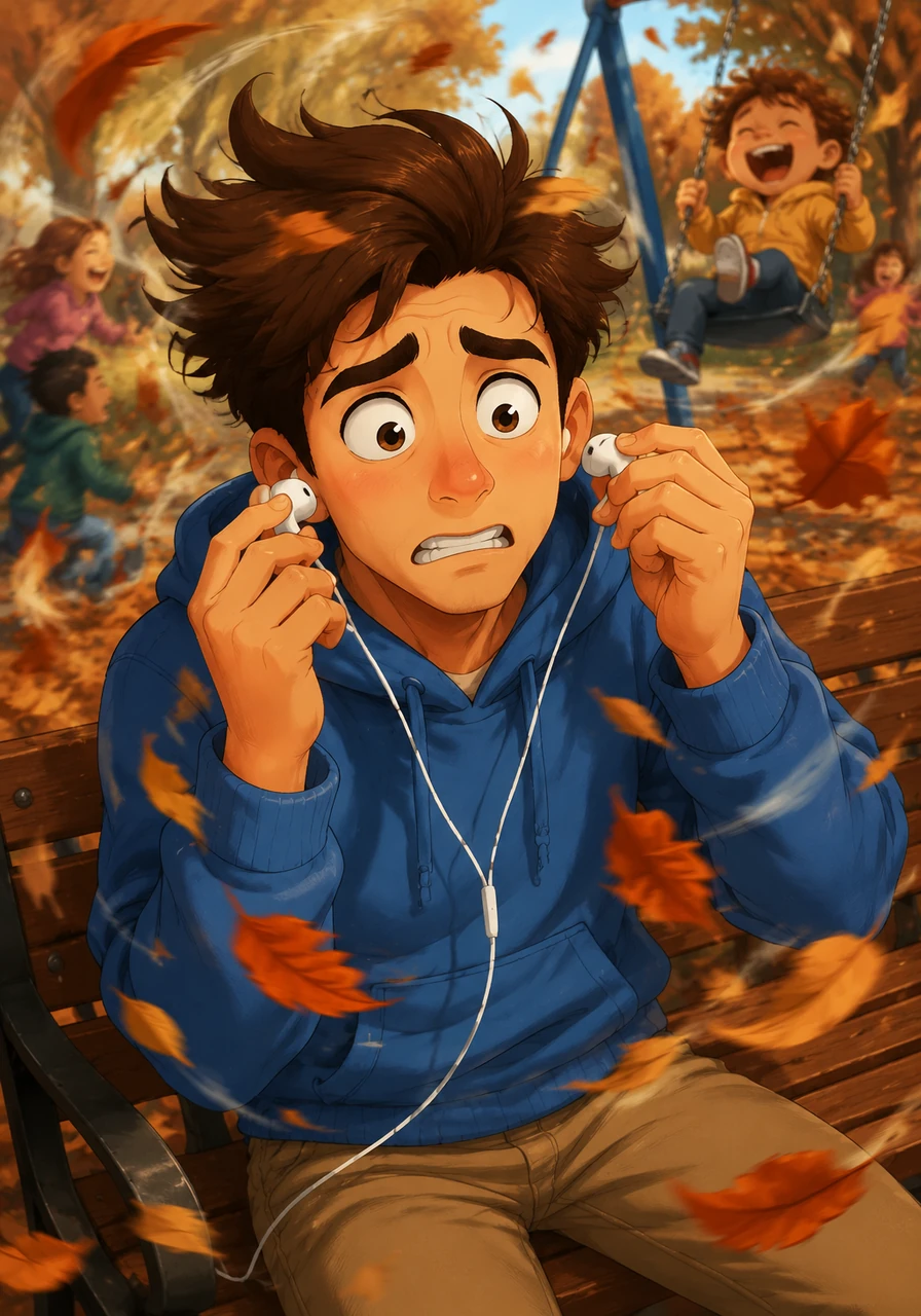 Hoping to block out the noise, Leo pulls a pair of sleek white earphones from his pocket and plugs them in, taking a deep breath to calm his nerves. However, the chaos around him only intensifies as the wind blows even harder, sending autumn leaves swirling into a mini-tornado right past his face. A toddler on a nearby swing shrieks with joy, and the overwhelming laughter of the playground fills his ears, leaving Leo looking hopelessly overwhelmed despite his technology.