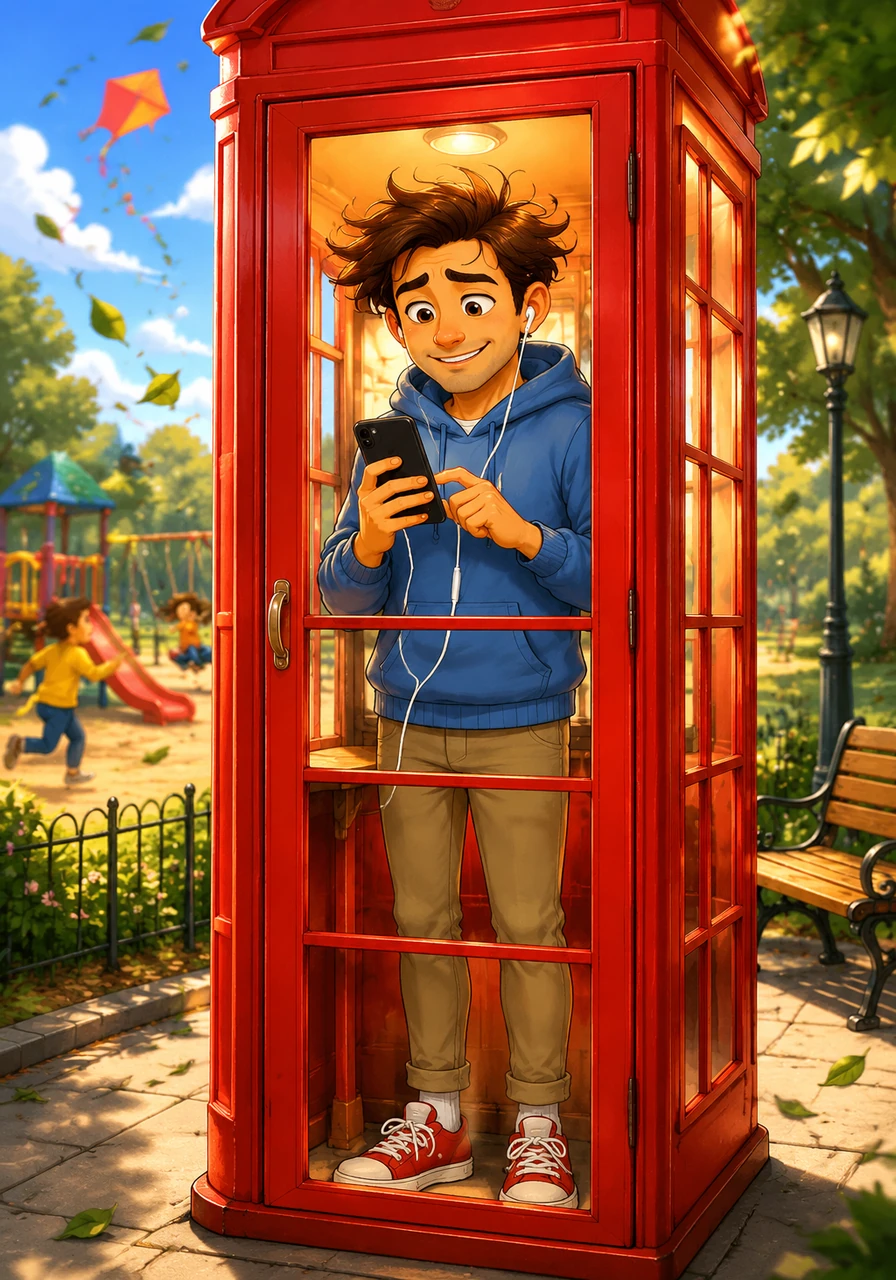 Giving up on the playground entirely, Leo ducks into a bright red, old-fashioned telephone booth at the edge of the park and gently closes the folding glass door. Inside, the roaring wind and shouting children suddenly fade into a soft, distant hum, allowing a wave of pure relief to wash over his face. He taps his phone screen with a smile, finally able to speak clearly and comfortably at last.