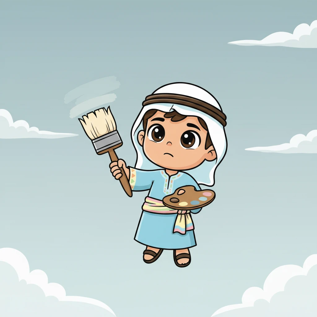 كان غيوم يحب تلوين السماء بألوان زاهية وجميلة. لكن اليوم، بدت السماء باهتة قليلاً، ولم يكن لديه ما يكفي من الألوان في فرشاته.