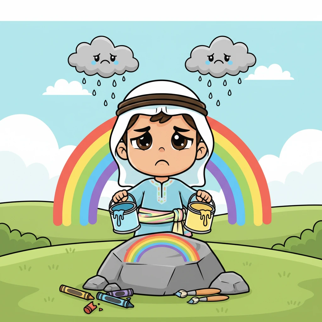 حاول غيوم أن يرسم قوس قزح كبير، لكن الألوان نفدت بسرعة. شعر بالحزن وخيمت على وجهه الغيوم الصغيرة.