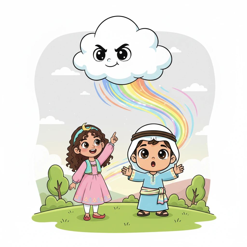 قرر غيوم أنه لا يستطيع أن يدع السماء تبقى باهتة. لذا، قرر الذهاب في مغامرة لإيجاد المزيد من الألوان. بدأ يطفو ببطء نحو الأرض.