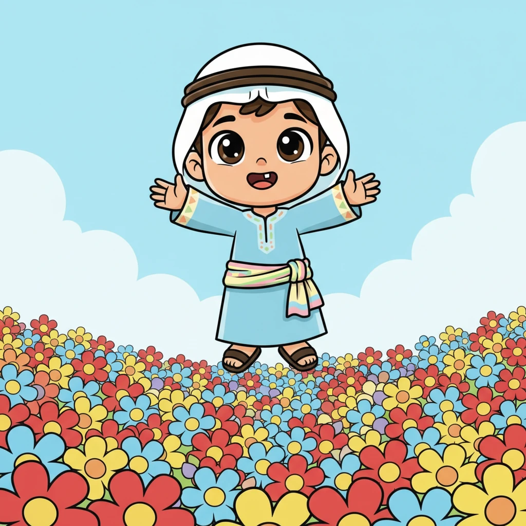 عندما اقترب من الأرض، رأى حقلًا كبيرًا مليئًا بالزهور الملونة! كانت هناك زهور حمراء زاهية، وصفراء لامعة، وزرقاء ناعمة. لقد شعر بسعادة غامرة!