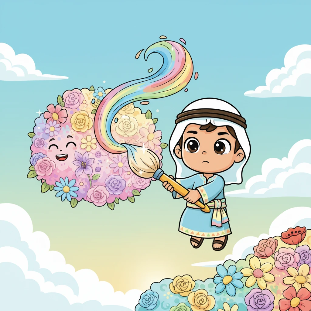 بحذر شديد، لمس غيوم الزهور بفرشاته السحرية. امتصت الفرشاة ألوانها الجميلة، وبدت الزهور وكأنها تضحك بخفة من الدغدغة.