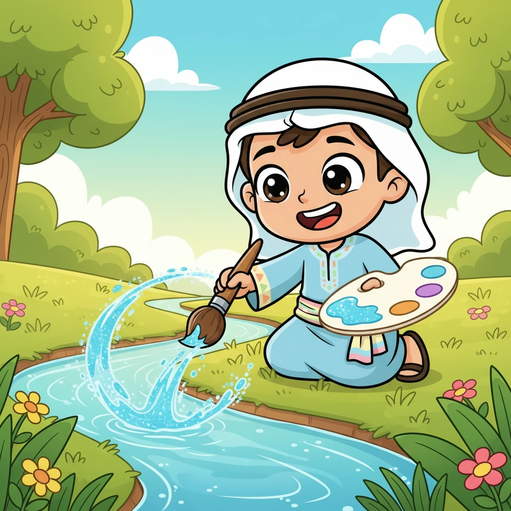 لم يكتف غيوم بذلك، بل وجد جدول ماء متلألئ. غمس فرشاته فيه ليضيف لونًا أزرق براقًا ومشرقًا إلى مجموعته.