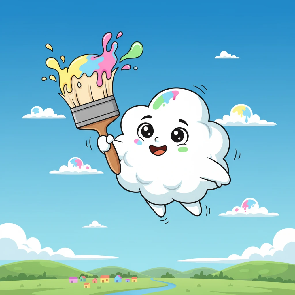 بعد أن جمع الكثير من الألوان الجديدة والزاهية في فرشاته، بدأ غيوم يرتفع مجددًا نحو السماء. كان قلبه مليئًا بالفرح والتصميم.