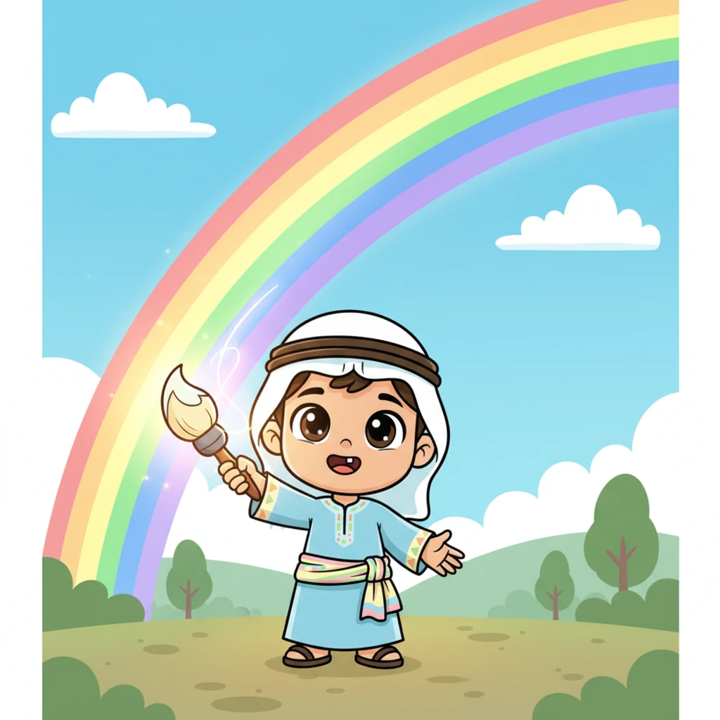 بدأ غيوم في الرسم بحماس، فرسم أجمل وأزهى قوس قزح شوهد على الإطلاق. امتدت الألوان الزاهية عبر السماء، تضيء كل شيء.