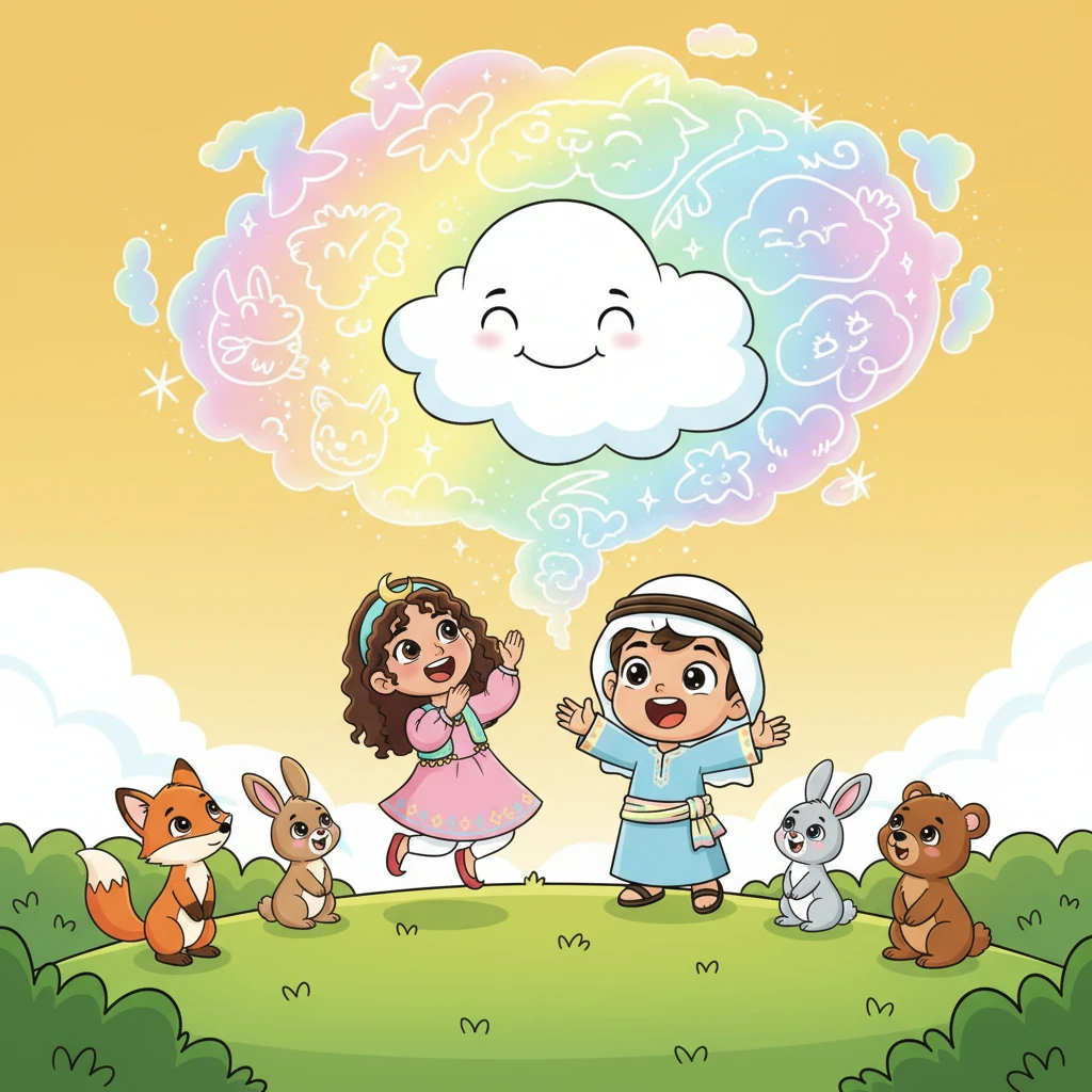 جميع الحيوانات والأطفال على الأرض نظروا إلى الأعلى وهتفوا بفرح. كانوا مبهورين بجمال تحفة غيوم الفنية الملونة، وغيوم ابتسم بفخر وسعادة.