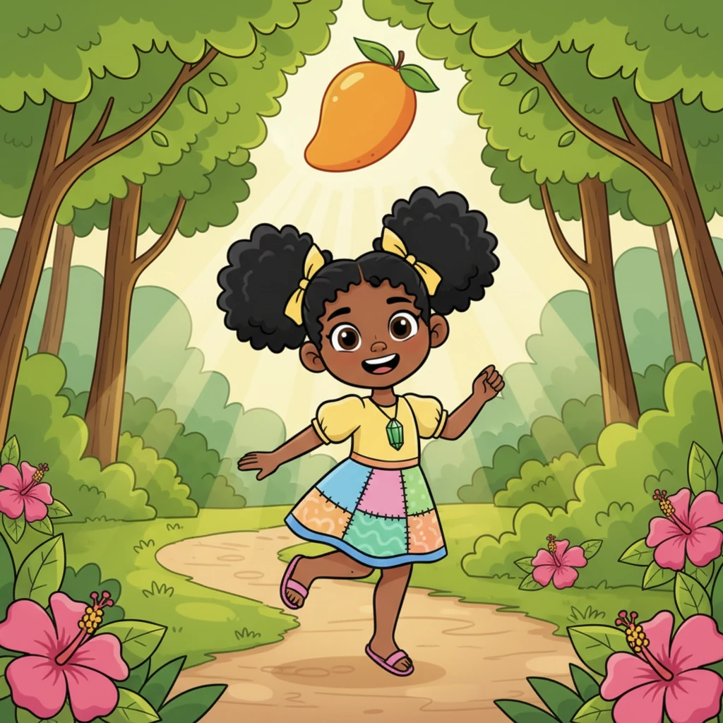 Fanta, a bright spark of joy, skipped along a winding path in the Emerald Forest. The sun, like a giant orange mango, filtered through lime green leaves, making playful patterns on the ground. Hibiscus flowers popped with bright pink petals, dotting the vibrant greenery around her. She hummed a happy tune, her yellow dress a cheerful splash of color against the lush backdrop.