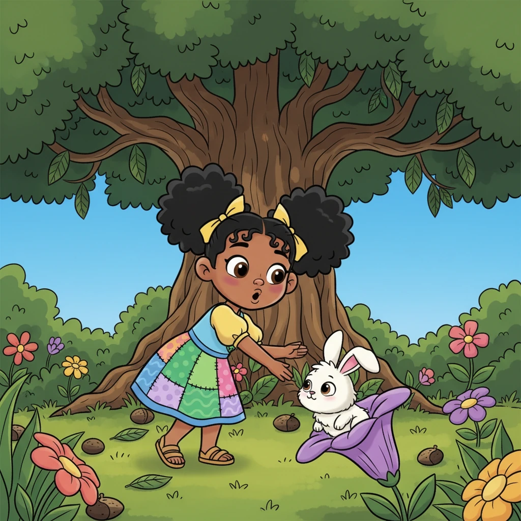 Under a colossal kola nut tree, Fanta paused, her eyes widening. Peeking from behind a vibrant purple flower was a tiny, snow-white creature. It wasn't a leaf shifting; it was a fluffy, little rabbit with soft pink ears, gazing at her with curious dark eyes.