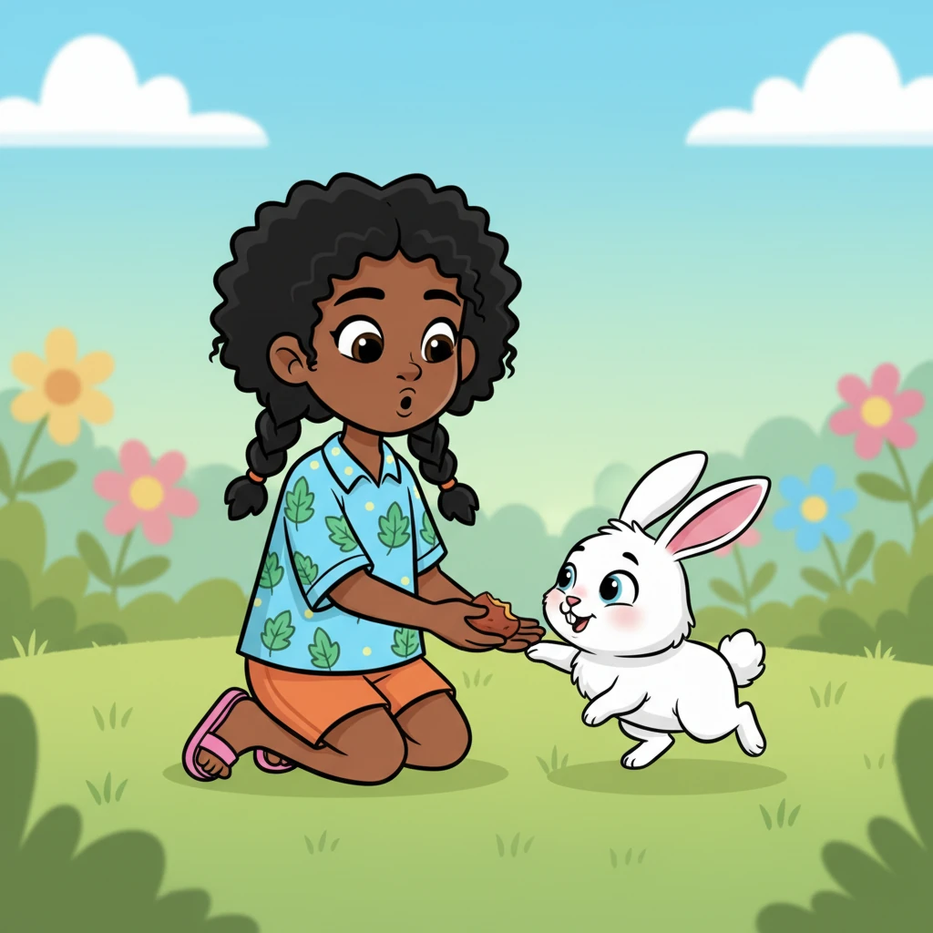 "Hello, Little Cloud," Fanta whispered gently, extending a piece of her sweet potato snack. The rabbit, with a twitch of its tiny nose, hopped closer, its fluffy tail a tiny bob. It nibbled the offering delicately, its small mouth moving contentedly.