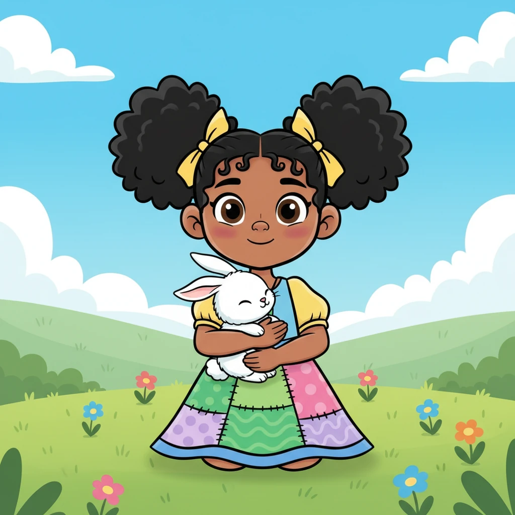 With a soft giggle, Fanta carefully scooped up the little rabbit. Its warm, rapid heartbeat fluttered against her bright yellow cotton dress. Little Cloud nestled comfortably in her arms, a soft, white puffball against her colorful fabric.