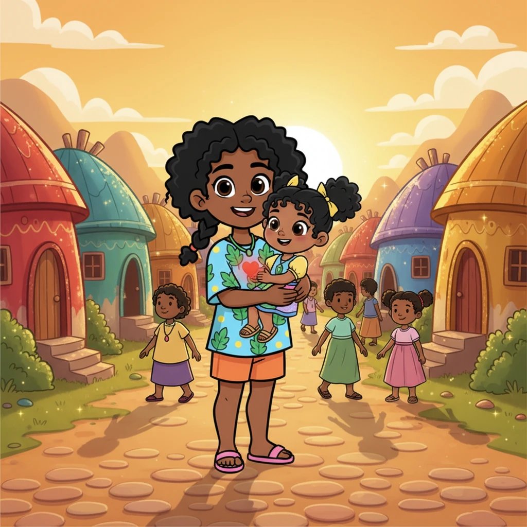Walking home, the village sparkled like a rainbow under the golden sun. Fanta carried Little Cloud gently, her heart bubbling with happiness. Every hut and pathway seemed to glow with extra warmth as she made her way through the familiar, bustling scenes.