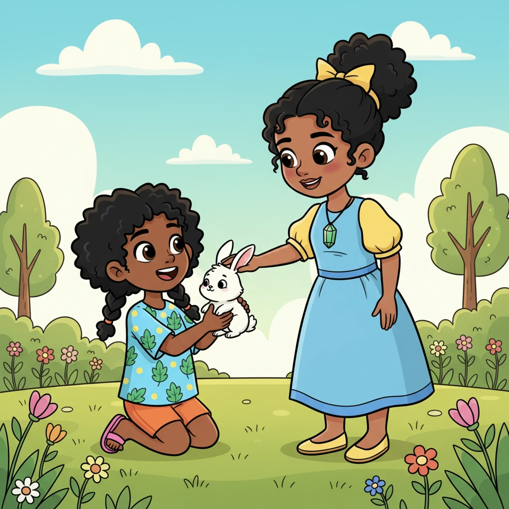 "Mama, look what I found!" Fanta exclaimed, presenting the tiny rabbit to her mother. Her mother, with a kind smile and eyes as warm as the morning sun, gently stroked Little Cloud's soft fur, her face full of gentle surprise and welcome.