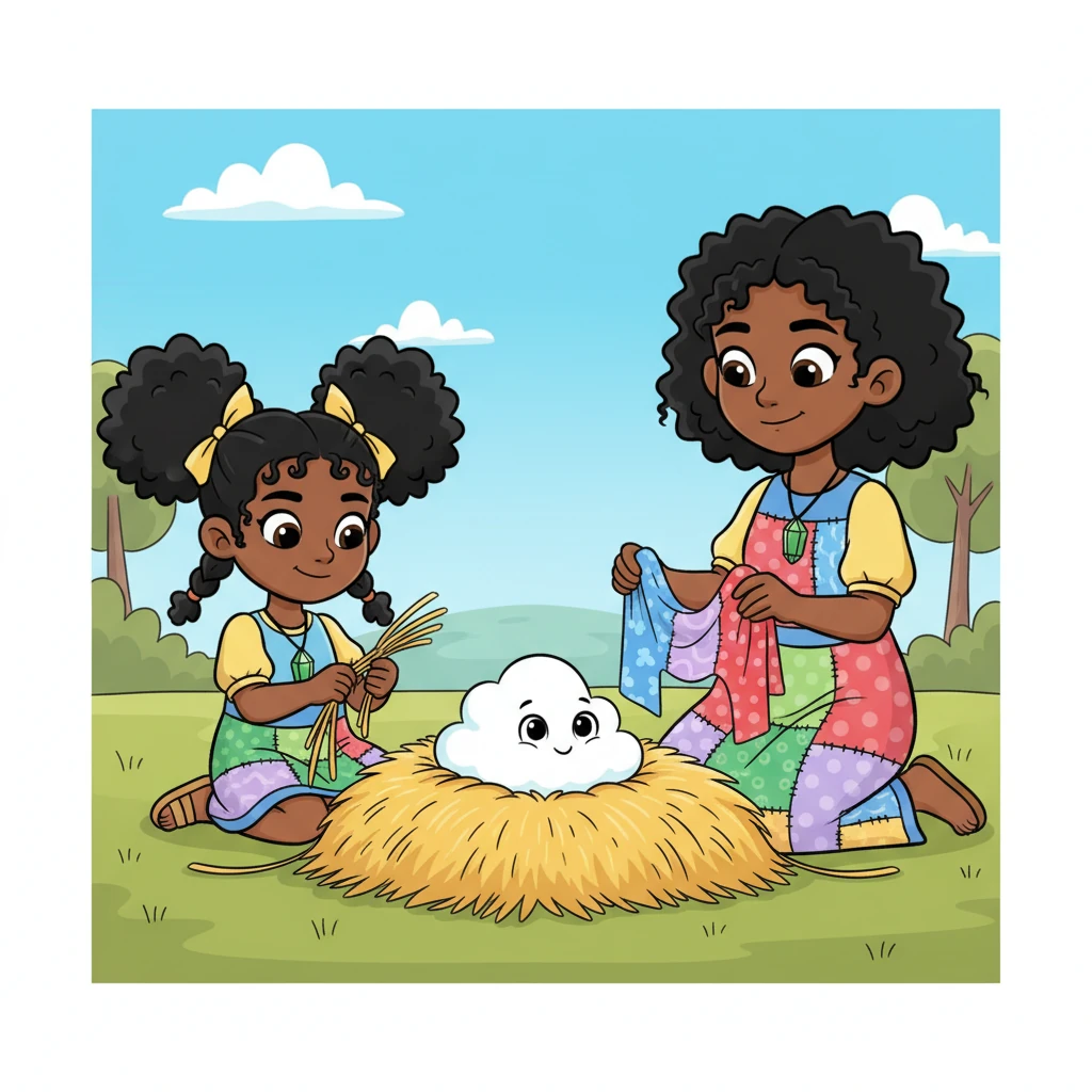 Together, Fanta and her mother created a perfect home for Little Cloud. They gathered golden straw, weaving it into a soft bed, and added colorful scraps of fabric for extra comfort. Little Cloud watched with bright eyes, already feeling safe and loved.
