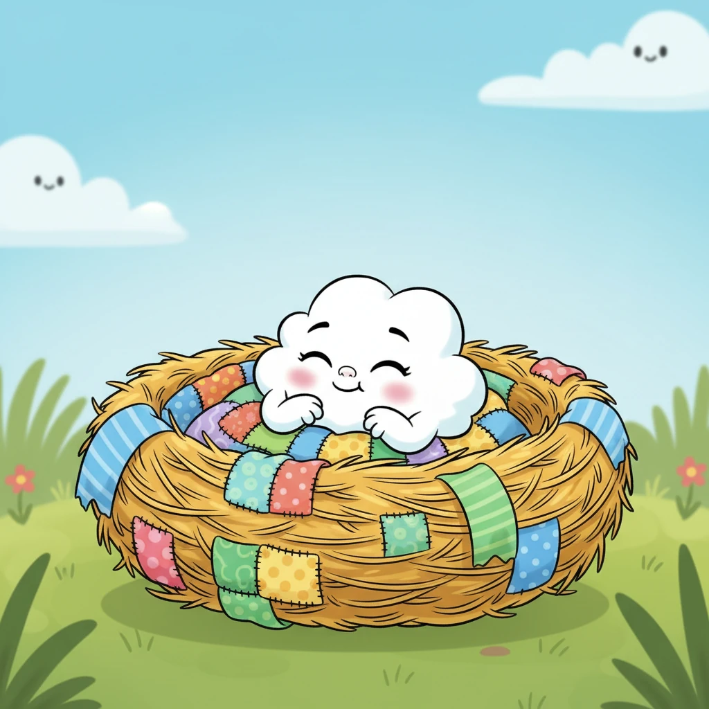Little Cloud hopped into its new cozy nest, sniffing the soft fabrics and burrowing into the warm straw. It wiggled its nose, then settled down with a happy sigh, clearly delighted with its new, snug sanctuary. The colorful fabrics made it feel like a tiny palace.