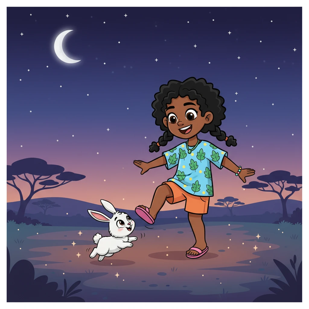 As evening fell, shimmering silver stars began to twinkle in the vast African sky. Fanta and Little Cloud played in the soft twilight, the rabbit playfully hopping around her bare feet. Their laughter and joyful pounces filled the quiet air with magic.