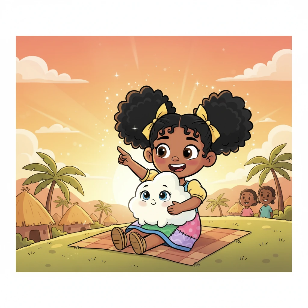 Every day, Fanta and Little Cloud were inseparable, sharing secrets and adventures. They snuggled close, a perfect pair, their friendship a bright, extra sparkle in their beautiful, sun-drenched village. Their bond brought warmth and joy to everyone around them.