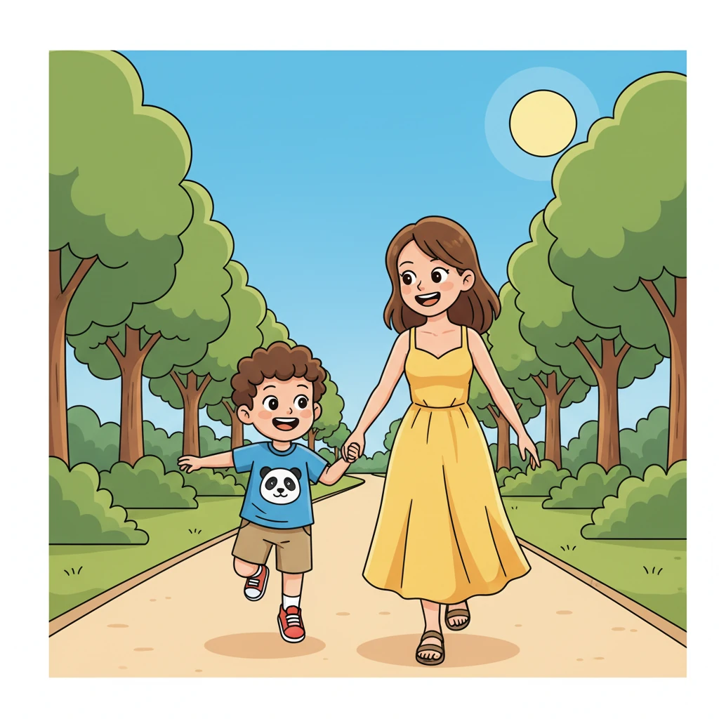 The sun shone bright as Ming Le, a happy little boy, held his mommy Maggie's hand. They were going on a special adventure today, a trip to see the pandas!