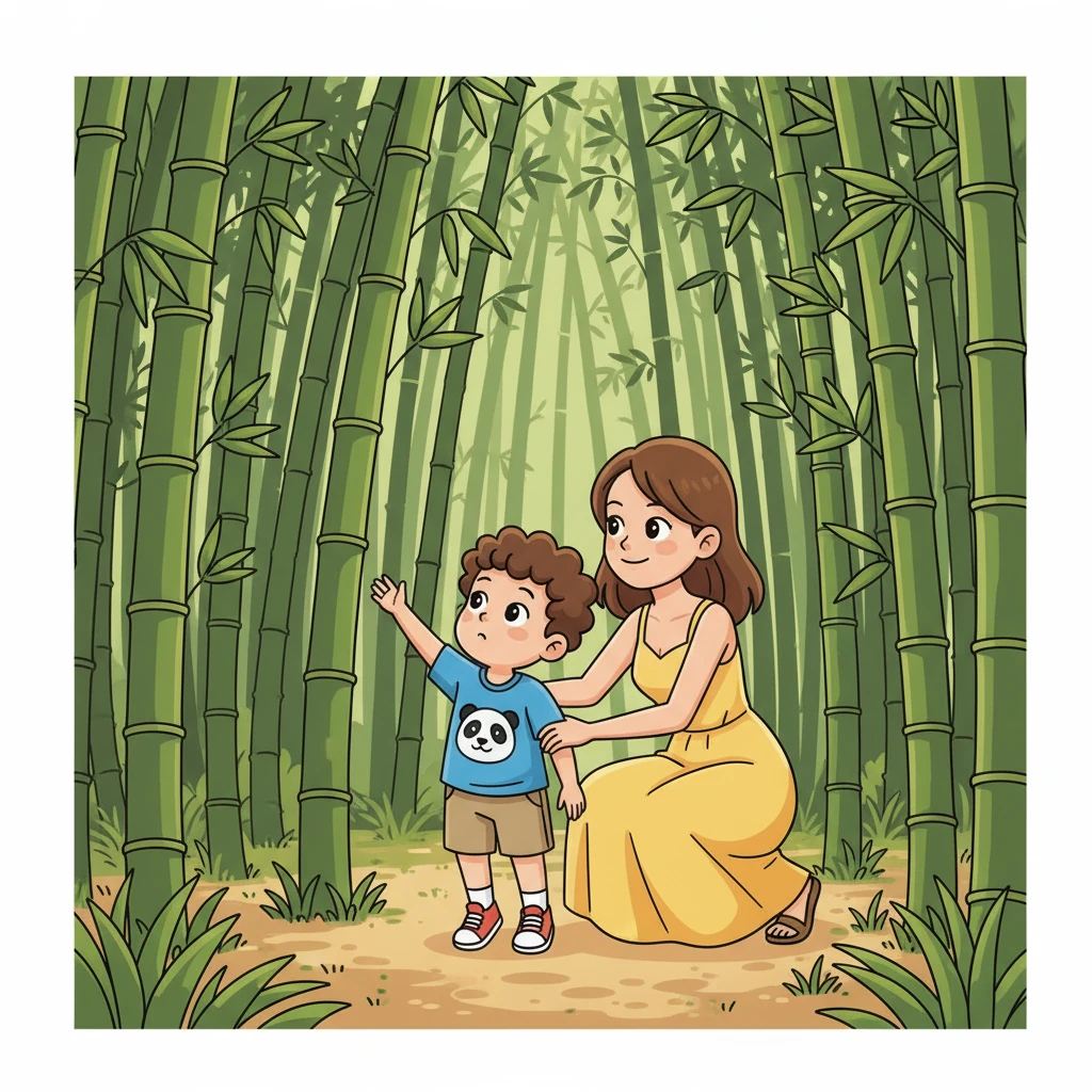 Upon arrival, Ming Le looked around, amazed by the lush green bamboo trees swaying gently. Mommy Maggie smiled, holding him close, sharing in his wonder.
