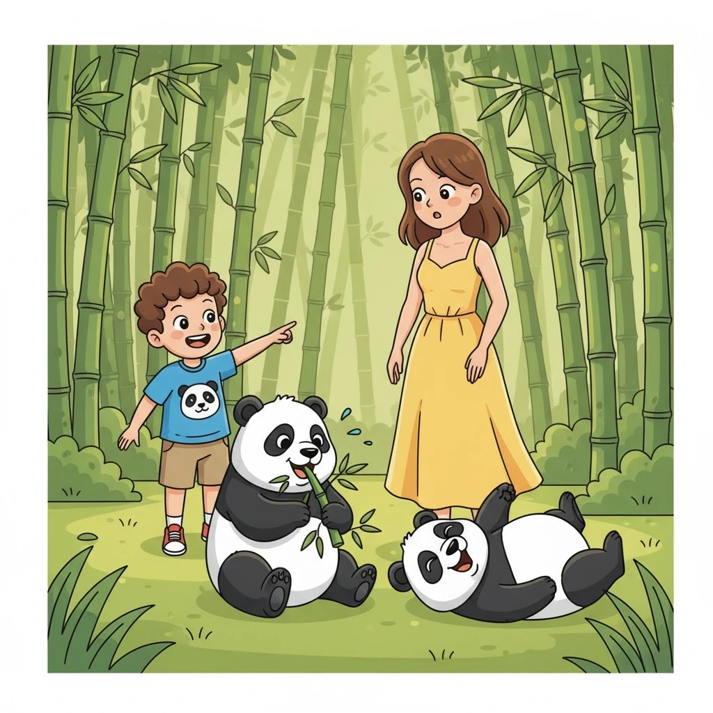Suddenly, they spotted two big, fluffy pandas! One was munching on bamboo, and the other was lazily rolling around. "Look, Mommy!" Ming Le whispered, pointing.