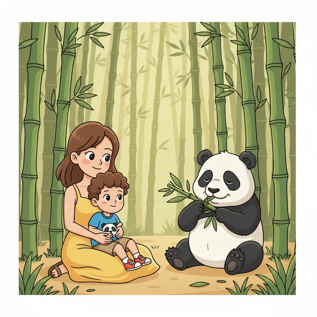 Ming Le snuggled into his mommy's arms, feeling safe and warm. From this cozy spot, he could see Ye Ye slowly chewing his bamboo, looking very content.