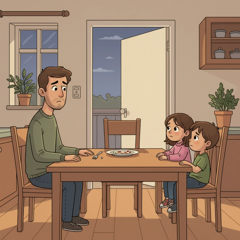 En casa, su esposo, Marcos, y sus dos hijos, Sofía y Leo, cenan solos. Hay un asiento vacío en la mesa, el de Elena, con un plato de comida ya frío. Los niños miran la puerta con caritas tristes.