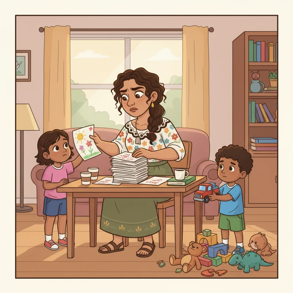 Un fin de semana, mientras Elena corrige exámenes en la sala, sus hijos intentan jugar con ella. Sofía le muestra un dibujo y Leo le ofrece un juguete, pero Elena, con la frente arrugada, les pide que esperen un momento.