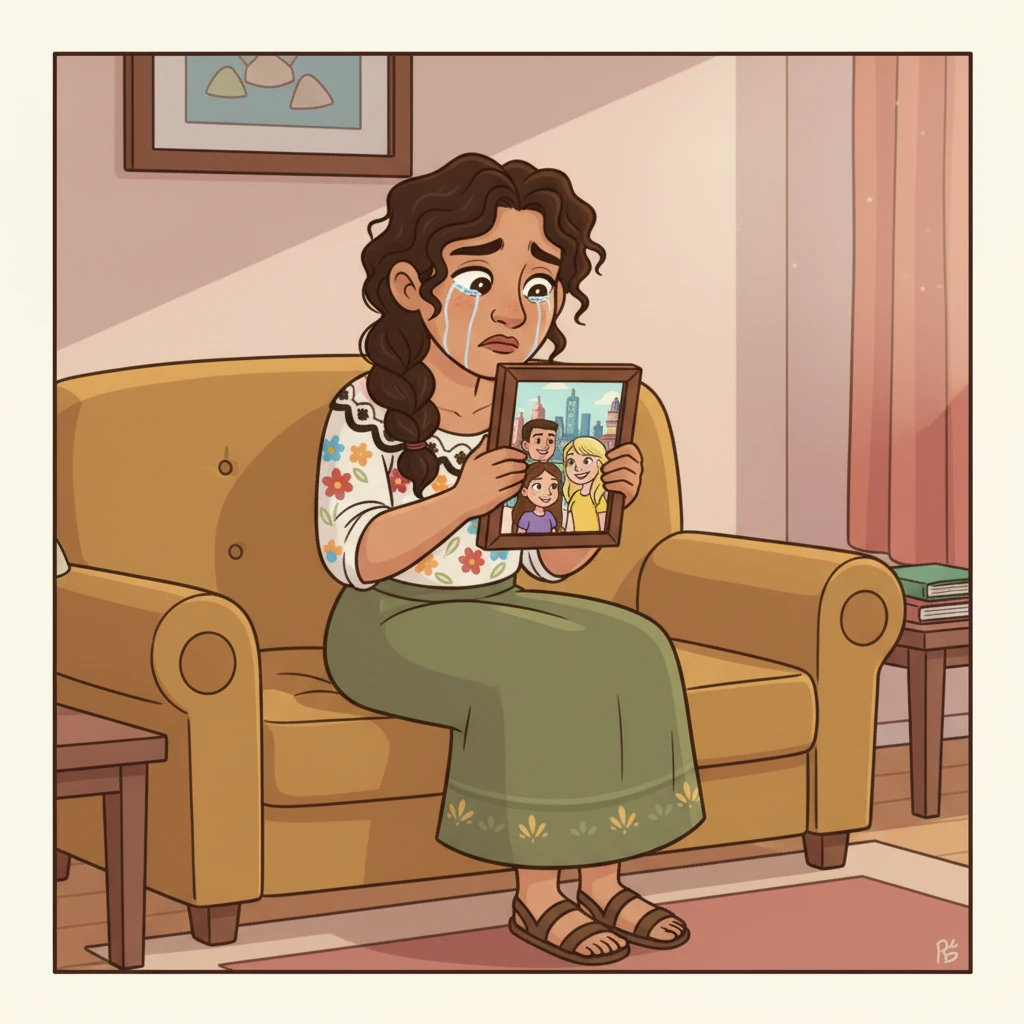 Elena se sienta en el sofá, con la foto en sus manos, y lágrimas silenciosas ruedan por sus mejillas. Se da cuenta del tiempo que no ha pasado con su familia y la distancia que se ha creado.