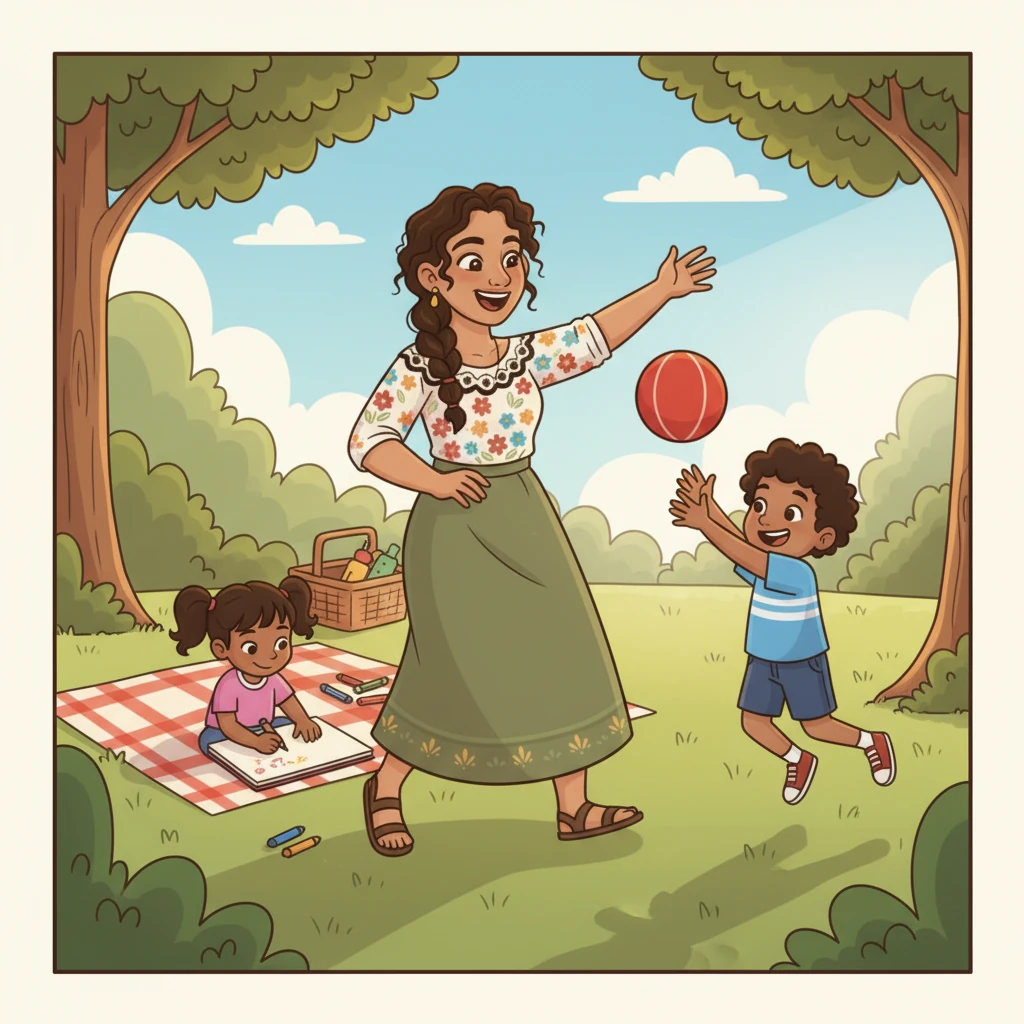 La familia decide hacer un picnic en el parque. Elena deja el trabajo a un lado, juega a la pelota con Leo, dibuja con Sofía y ríe a carcajadas con Marcos. Es un día lleno de sol y risas, el primero de muchos.