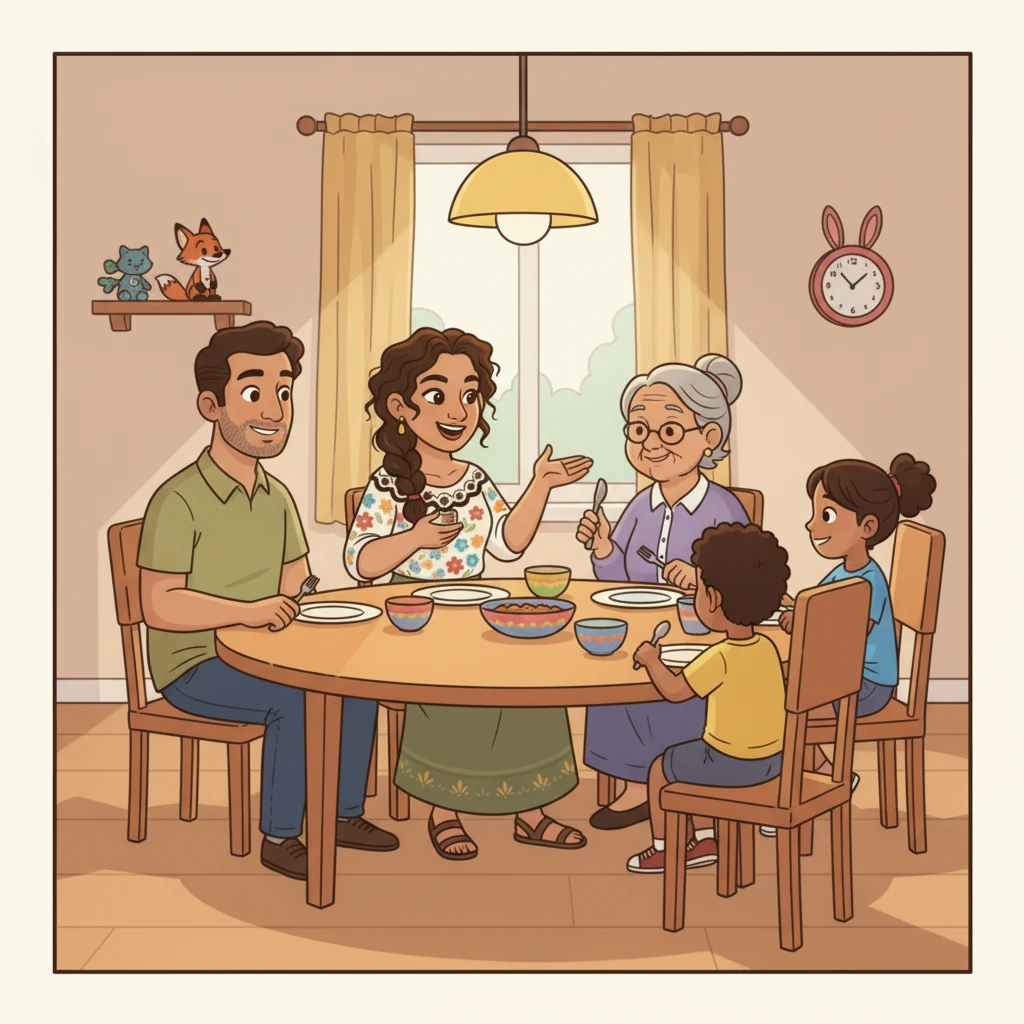 La última escena muestra a la familia de Elena sentada alrededor de la mesa, cenando juntos y compartiendo las historias del día. Elena sonríe, rodeada del amor de su familia, sintiéndose plena y feliz. El equilibrio ha llegado a su vida.