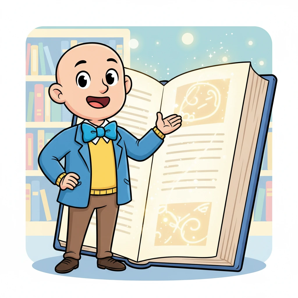 Mr. Wondrous Whiz, a friendly bald man with a bright blue tie and a wide, welcoming smile, stands proudly beside an enormous, sparkling book. Its pages shimmer with an inviting glow, promising countless adventures and amazing facts to discover. He gestures enthusiastically, ready to begin our journey.