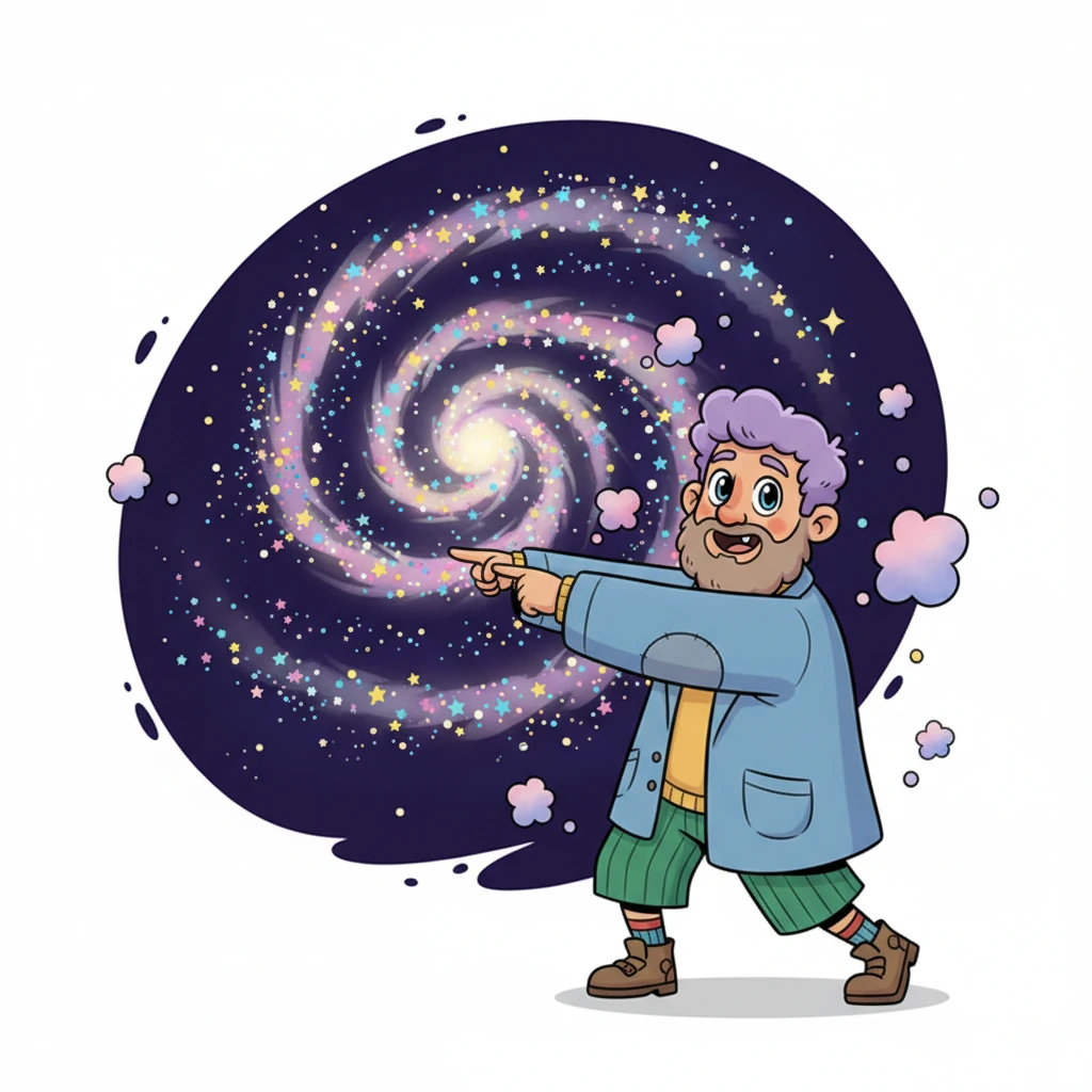 First, Mr. Wondrous Whiz points to a swirling galaxy filled with tiny, twinkling stars, his eyes wide with excitement. He explains that there are more stars in the universe than grains of sand on all the beaches of Earth, making the vastness of space feel both huge and wonderfully accessible. Playful little cosmic dust motes dance around him.