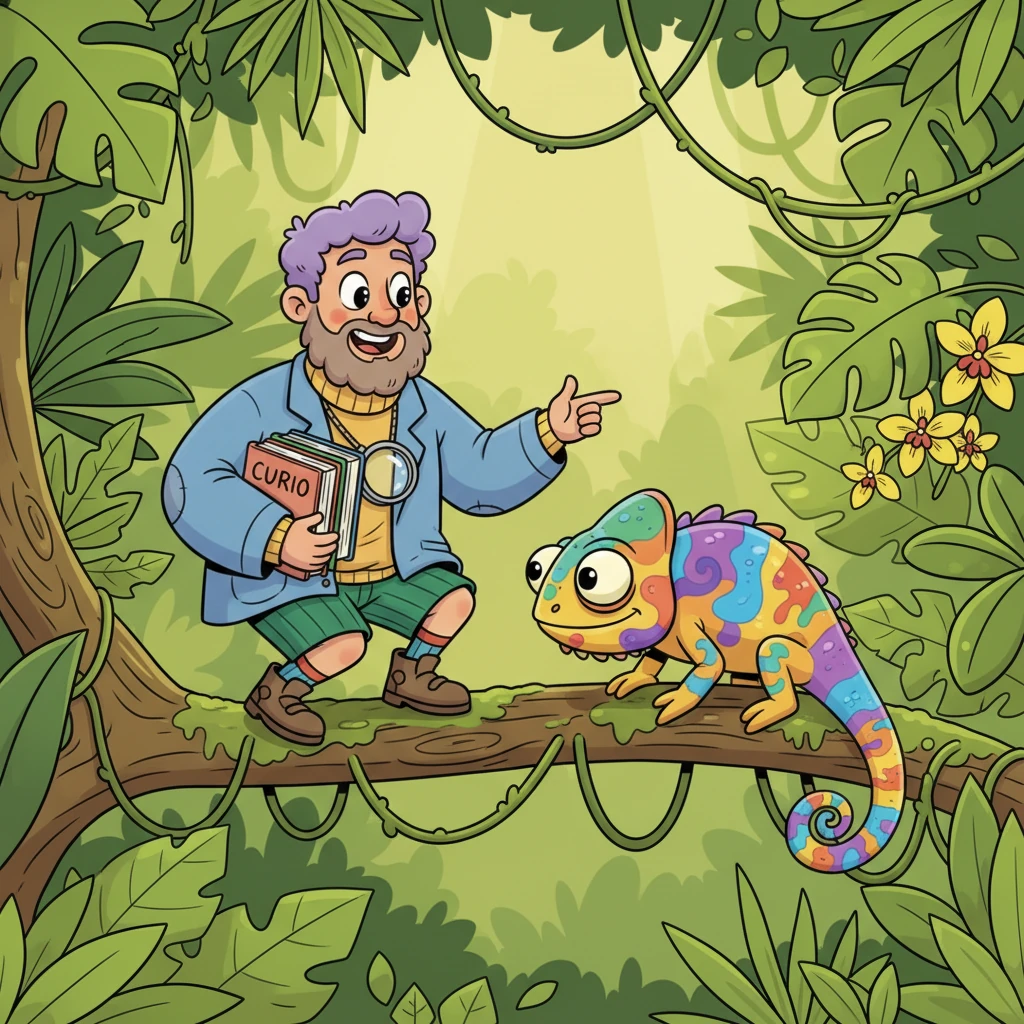 Next, we zoom down to a lush jungle where a vibrant chameleon, its skin a riot of changing colors, blinks slowly. Mr. Wondrous Whiz shows how this clever creature can magically blend into its surroundings, like a living artist, demonstrating nature's incredible camouflage tricks.