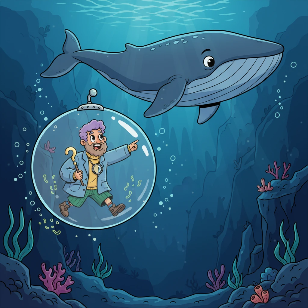 Dive deep! We plunge into the mysterious blue depths of the ocean, where a friendly, smiling whale swims gracefully past a colossal trench. Mr. Wondrous Whiz reveals that the deepest part of the ocean is so vast and unexplored, it’s like a hidden world waiting for us to discover its secrets.
