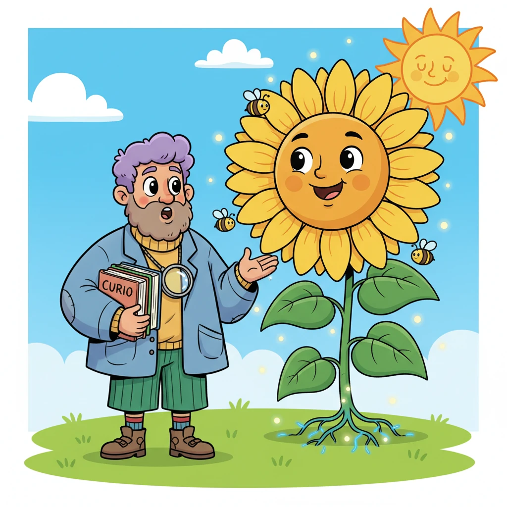Back on land, a cheerful sunflower turns its bright face towards the sun, surrounded by buzzing bees. Mr. Wondrous Whiz explains how plants drink water through their roots and use sunshine to make their own food, just like tiny, efficient chefs brewing up energy.
