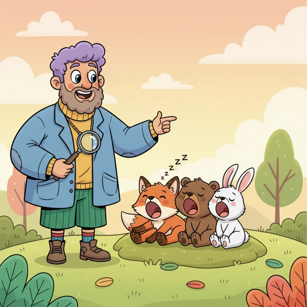 He then points to a cozy group of sleepy animals—a fox, a bear, and a bunny—all letting out big, wide yawns. Mr. Wondrous Whiz explains that yawning helps to cool down our brains and makes us feel more awake, like a little internal air conditioner for our heads.