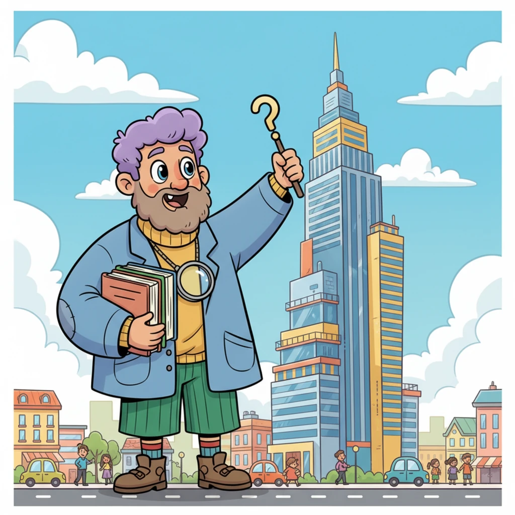 Zooming to a bustling city, Mr. Wondrous Whiz stands beside a towering skyscraper that reaches high into the clouds. He marvels at how humans build such incredibly tall buildings, explaining that clever engineers design them to stand strong against wind and weather, defying gravity with skill.