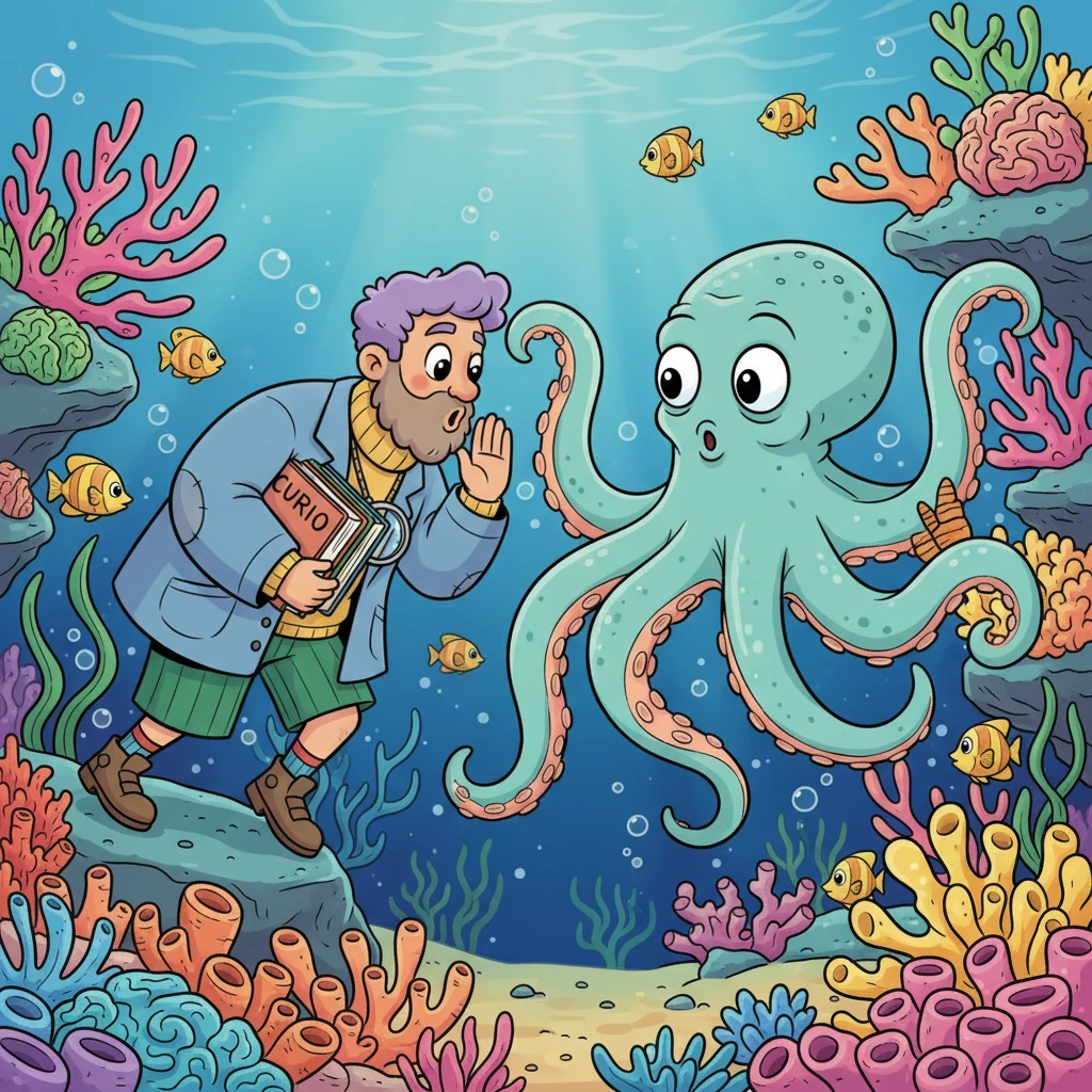 Deep within a vibrant coral reef, a playful octopus with big, curious eyes waves its many tentacles. Mr. Wondrous Whiz leans in to whisper a fascinating secret: an octopus has three hearts! Two pump blood through its gills, and one pumps it to the rest of its body, making it a truly unique creature.