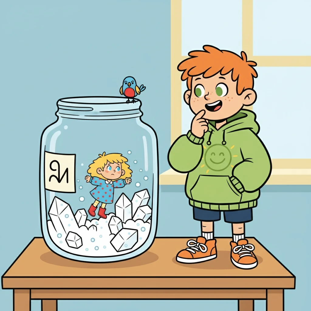 Lumi pointed to a phrase: "Olla kuin silli suolassa." Liam chuckled, translating it into Swedish: "Att vara som en sill i salt." The image showed Lumi as a tiny, confused fish swimming in a giant jar of salt.