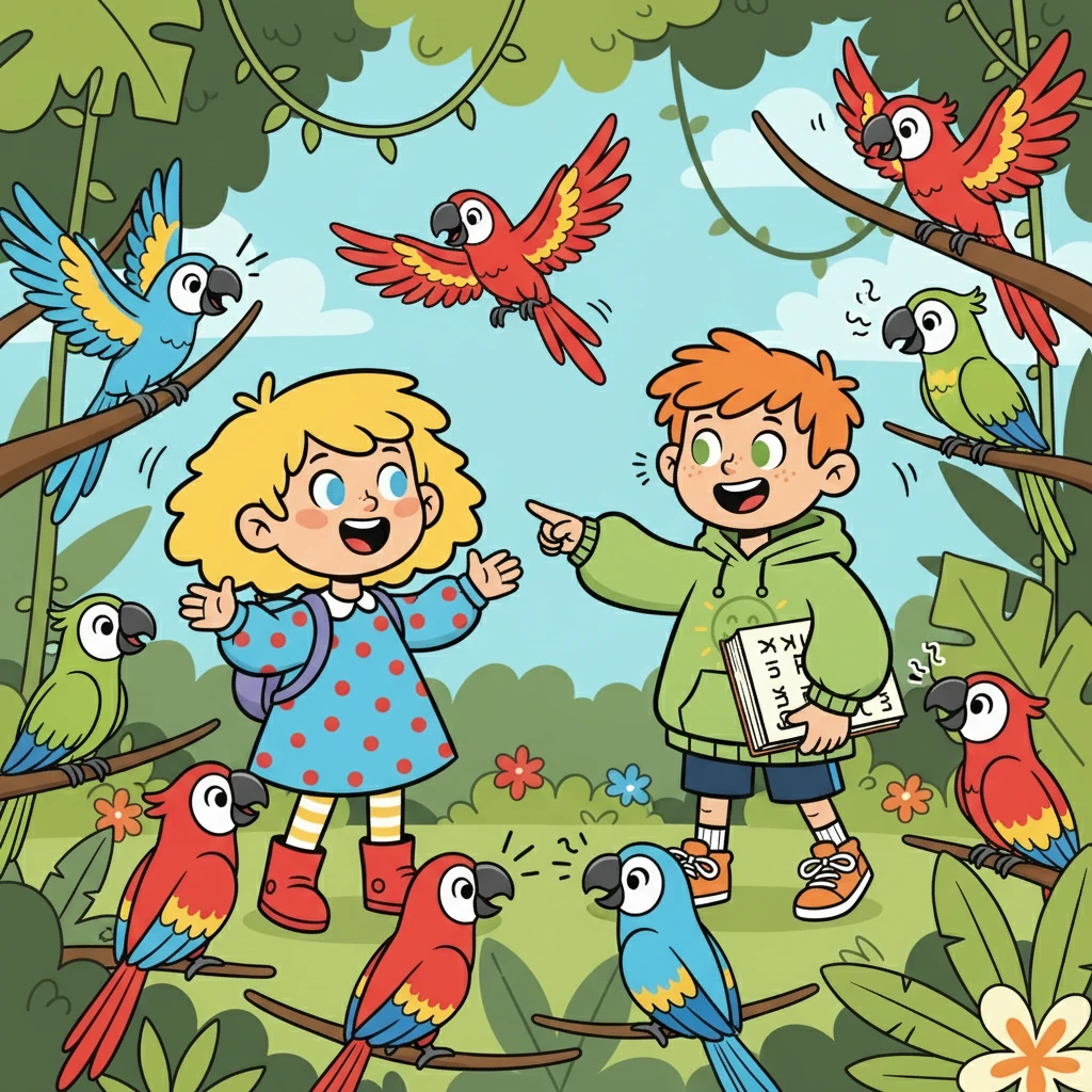 Lumi tried to explain, "Puhua kuin papukaija!" Liam helped her: "Att prata som en papegoja!" The image showed them both, surrounded by colorful parrots, repeating phrases.
