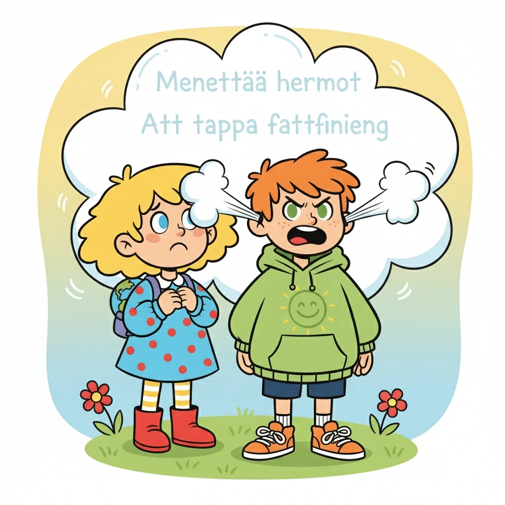 Then, they came across "Menettää hermot." Liam translated, "Att tappa fattningen." The illustration showed Liam with steam coming out of his ears, and Lumi looking worried.