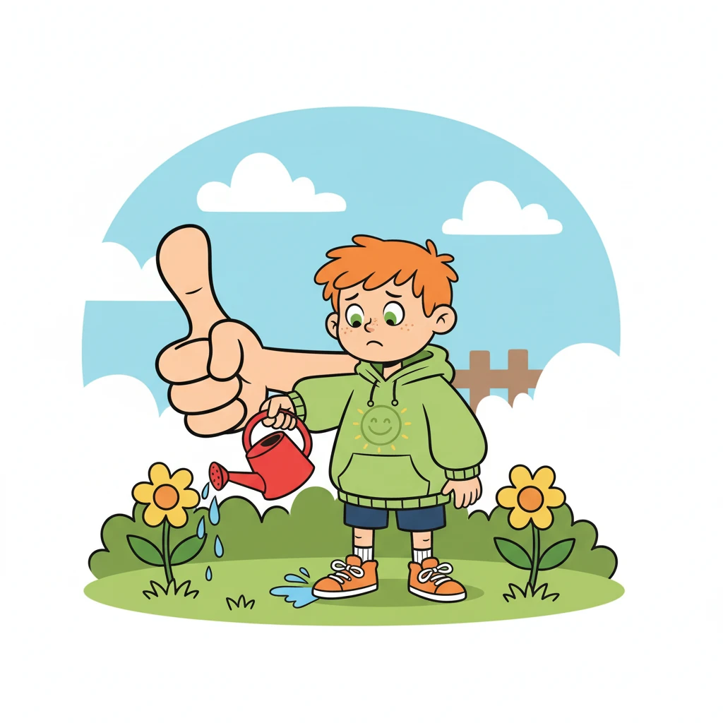 Liam introduced a Swedish saying: "Att ha tummen mitt i handen." Lumi translated: "Olla peukalo keskellä kämmentä." The image showed Liam struggling with a simple task, his thumb noticeably prominent.