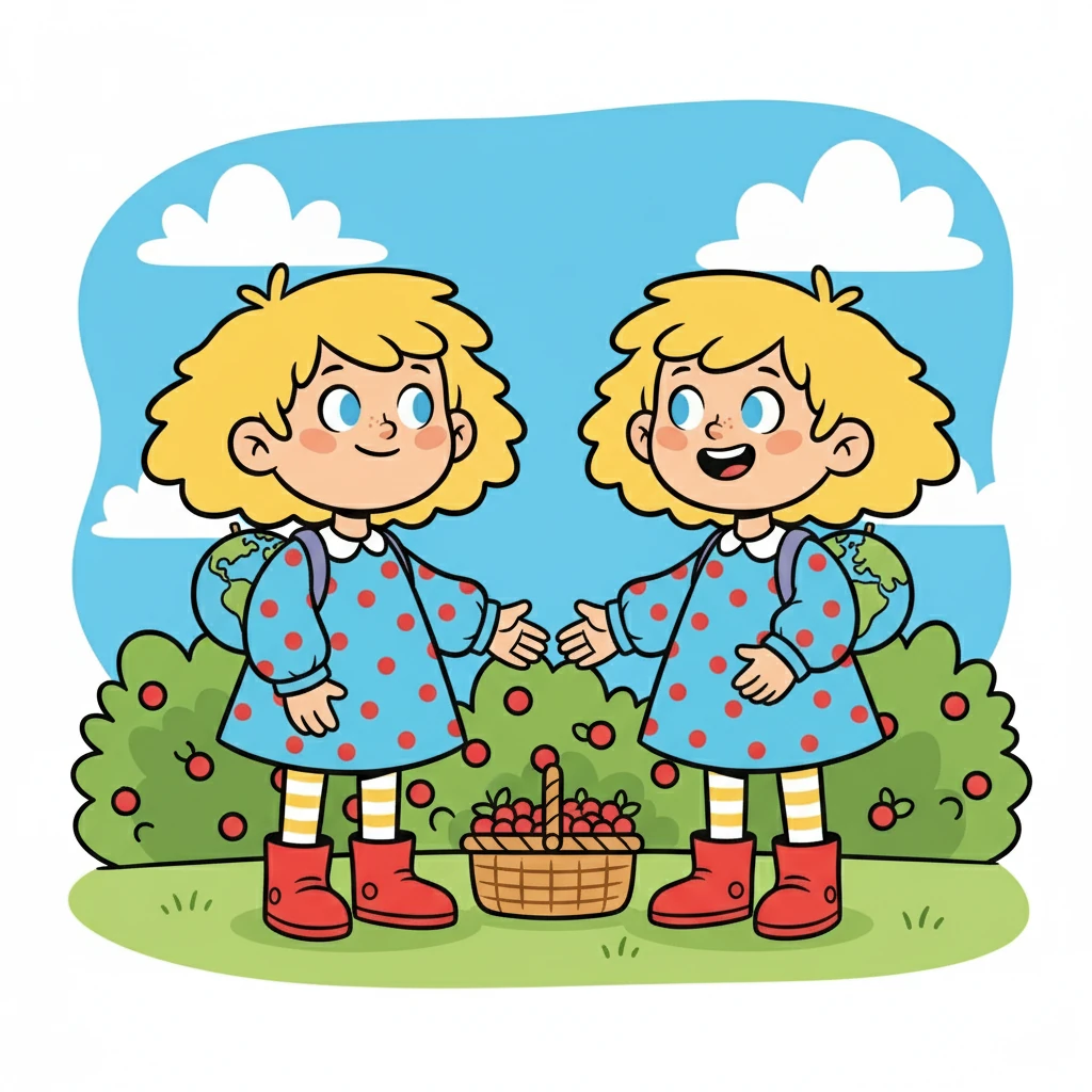 Another Finnish saying was "Olla kuin kaksi marjaa." Liam translated it as "Att vara som bär i samma korg." The image depicted Lumi and Liam looking exactly alike, standing side by side.