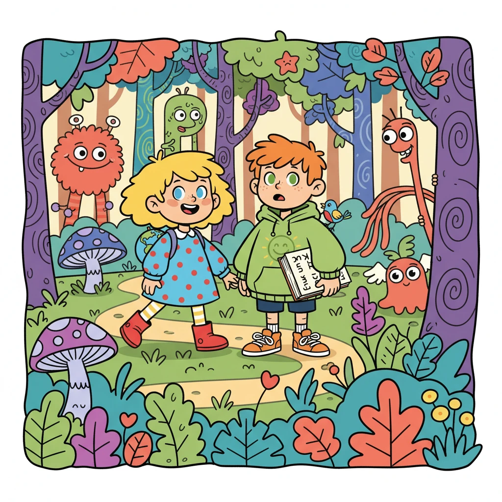 They tackled the phrase "Mennä metsään." Liam translated it as "Att gå vilse." The illustration showed them lost in a whimsical forest, with silly creatures peeking out from behind trees.
