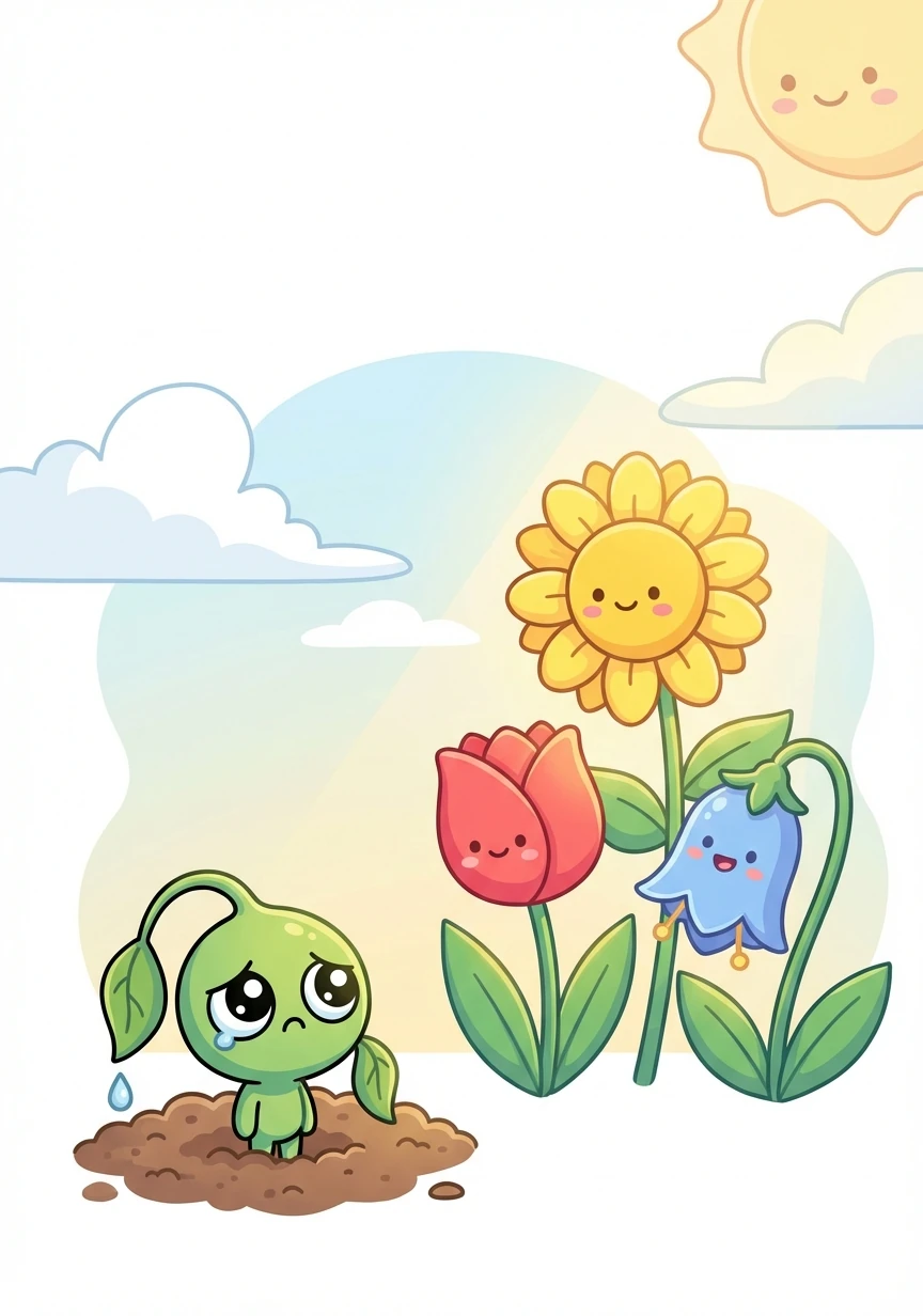 One sunny morning, Pip peeked out from the soil and saw the other flowers, tall and bright. A little disheartened, Pip wondered if such a big dream was even possible.