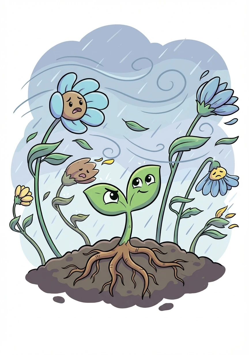 One particularly stormy night, the wind howled and the rain poured. Many of the tall flowers bent and swayed, but Pip held firm, roots digging deep into the earth.