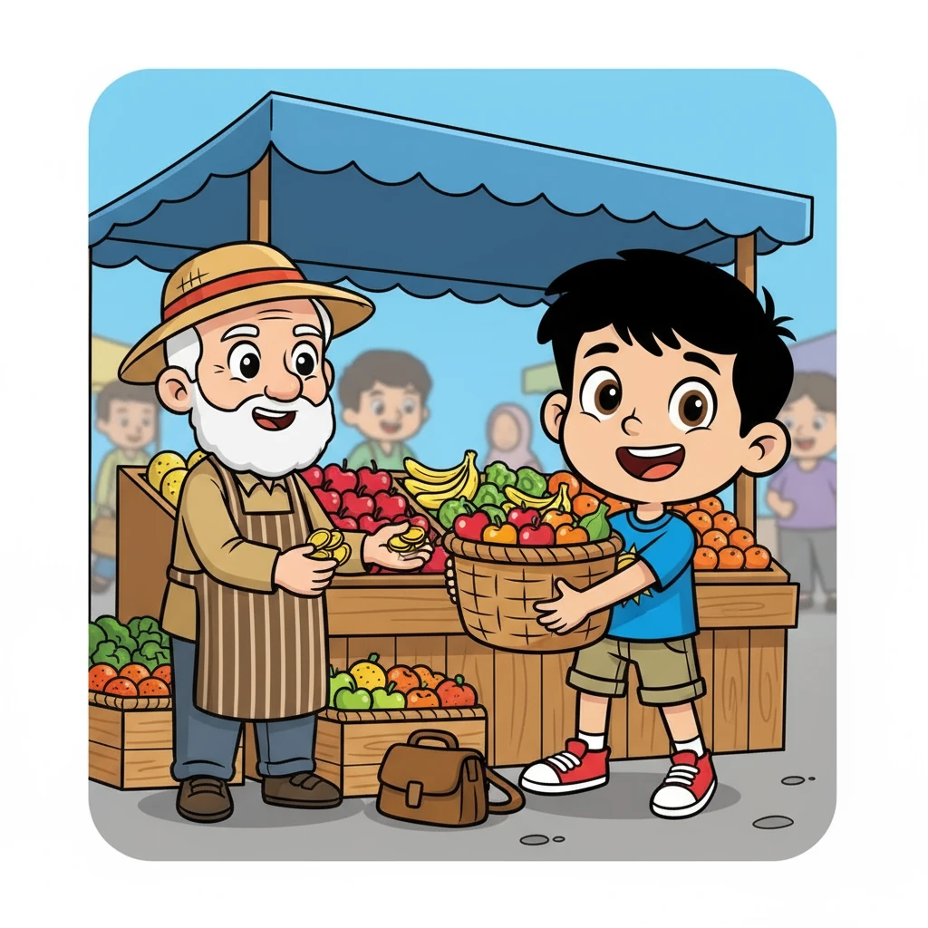 Si Cerdik melihat seorang pedagang menjual buah-buahan. Ia memutuskan untuk membantu pedagang itu, mengangkut buah-buahan ke stan. Sebagai imbalannya, pedagang itu memberinya beberapa koin. Si Cerdik belajar tentang pentingnya bekerja.